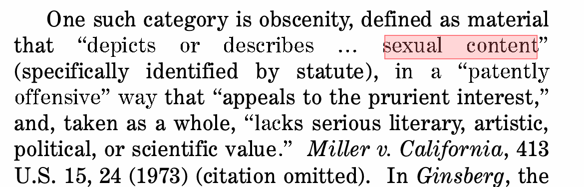 Excerpt from the petitioners' brief quoting the Miller v. California obscenity test as &ldquo;depicts or describes &hellip; sexual content&rdquo;.